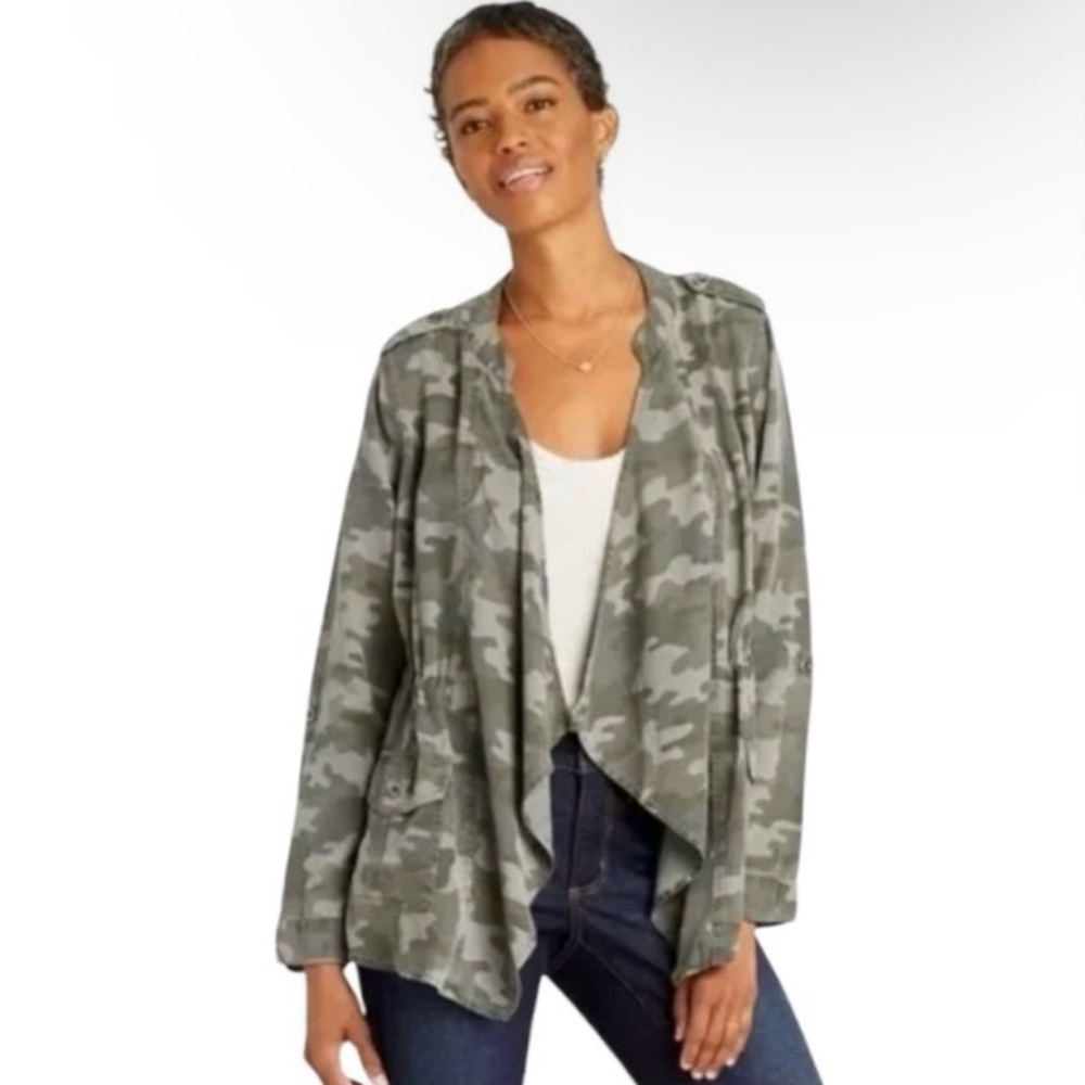 Knox Rose Camouflage Swing Jacket Roll Tab Sleeves Waterfall Cardigan Size M